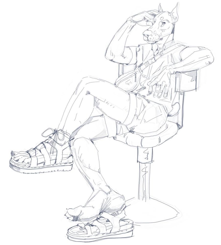 A sketch of an anthro Dobermann sitting gaily in a chair, one shoe on and one shoe off.  