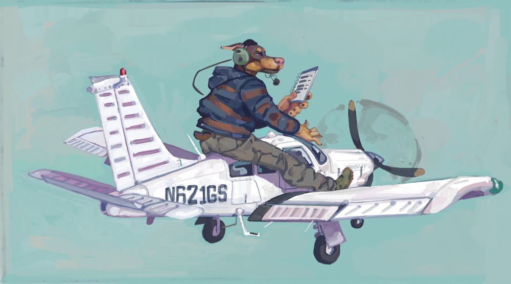 A digital painting of a an anthro Dobermann riding atop a comically small Piper arrow II. He’s wearing aviation headphones and holding a checklist. 