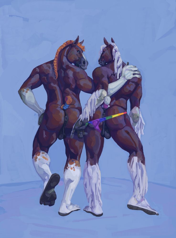 Two dark brown and white horse guys standing close with their backs to the camera. One is nude and one is pulling off a rainbow thong. 