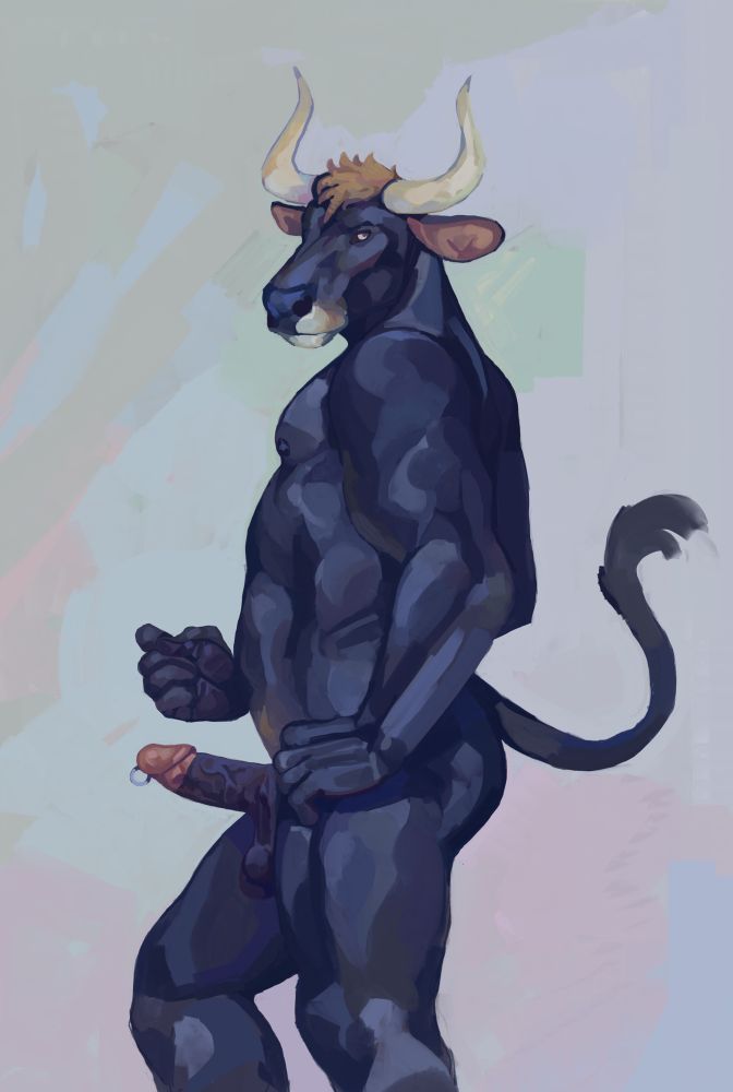 A black anthro aurochs man standing in profile view with an erect penis. 