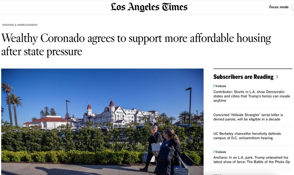 Screenshot of article saying Coronado agrees to support affordable housing after state pressure.