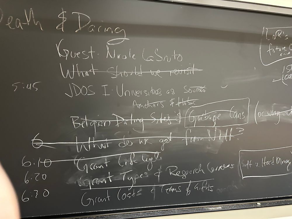 Agenda, on chalk board, including:
 - Labruto
 - Owen-smith on universities as sources, anchors, and hubs
 -recombination and the garbage can model
 - productivity of NIH
 - grant life cycles
 - grant types
 - direct v indirect costs