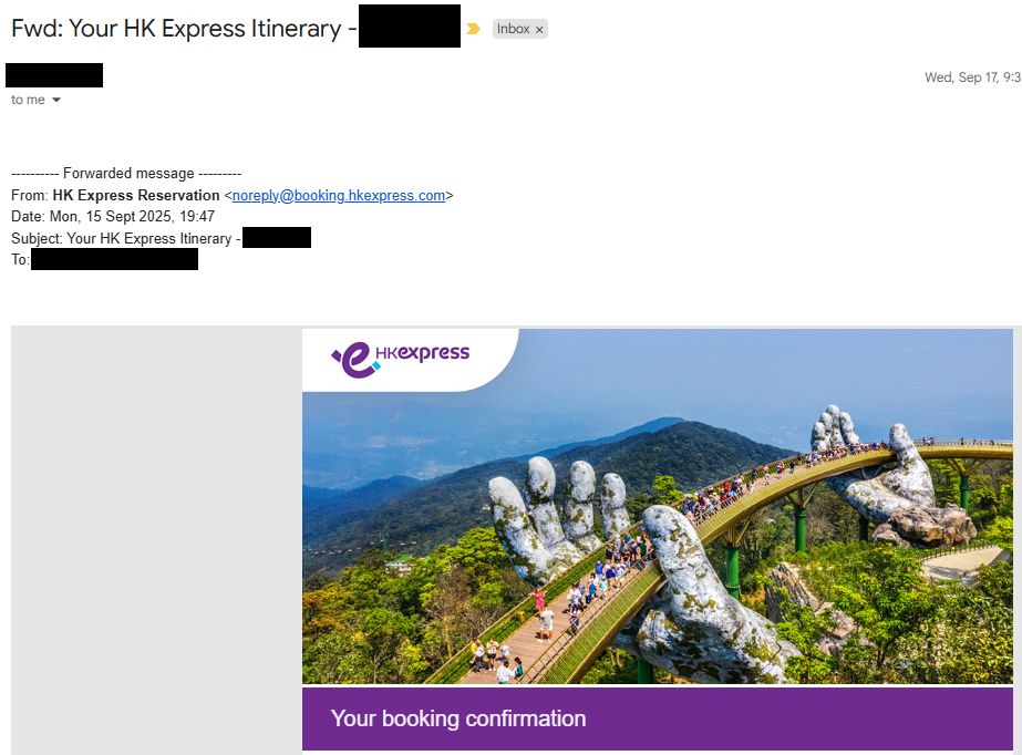 A screenshot of a forwarded email in Gmail. The title is "Fwd: Your HK Express Itinerary - <REDACTED>". Where there should be a card with the extracted flight details automatically added to my calendar, there is nothing and the contents of the email are shown directly below the title instead.