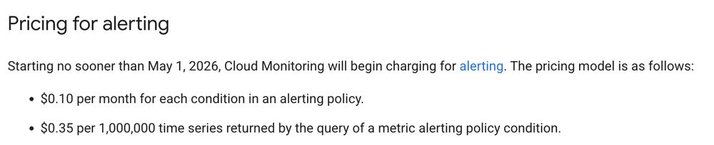 Google pricing change:$0.10/mo/condition. $0.35/mill timeseries in a condition.