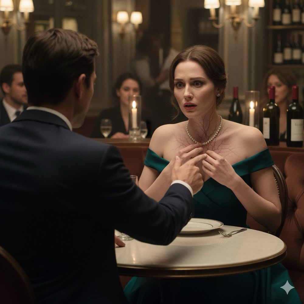 A man and a woman at a table. Something is wrong with her necklace. 