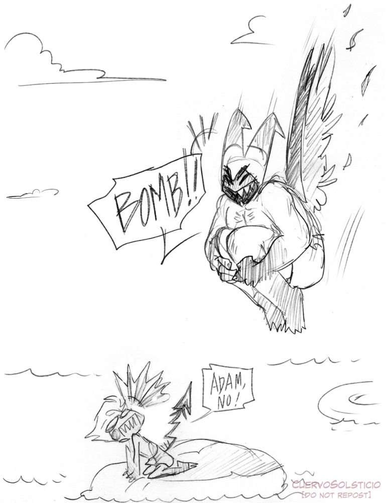 Pencil drawing of Lucifer with a swimsuit on a big rectangular float.
Demon Adam is throwing himself to it yelling BOMB!! while laughing.