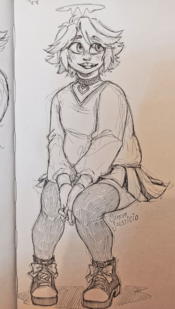 Ink sketch of Abel from Hazbin Hotel. He's sitting smiling with his fingers intertwined between his knees.
He wears a long sleeve sweater, shirt plaid skirt and high black thighs. He also wears combat boots with bows instead of laces.