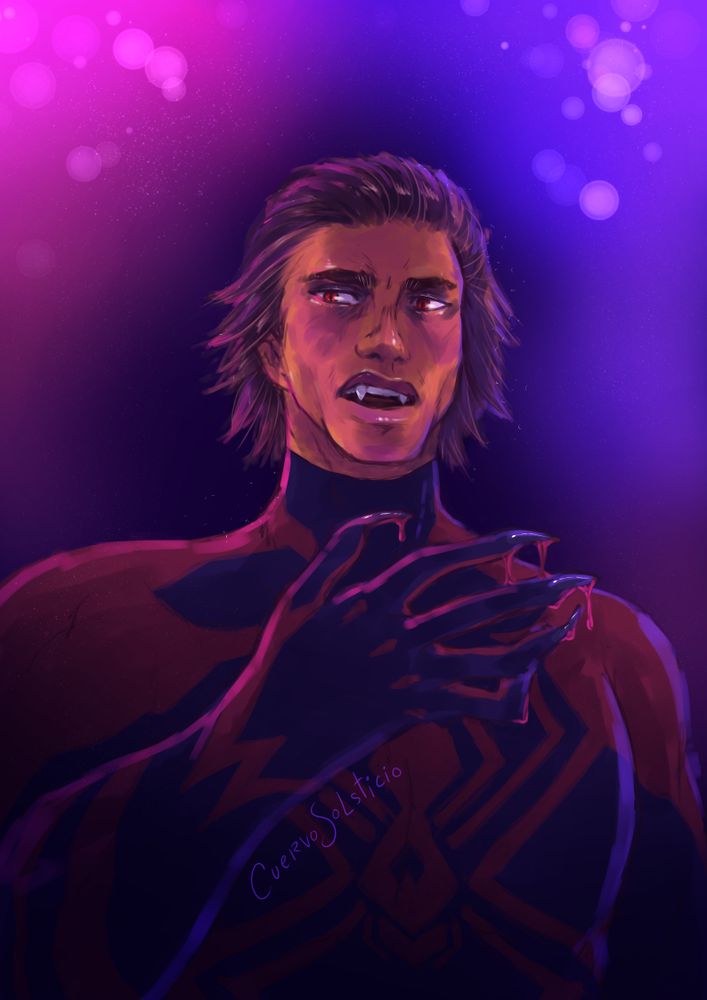 Half shot of Miguel O'Hara from Spiderverse. He's raising his hand with his claws out, and a pink fluid resembling blood drips from them.  He's showing his fangs, and he's looking at his right side, kind of menacing. The background is a pink and blue light with some bokeh effects.