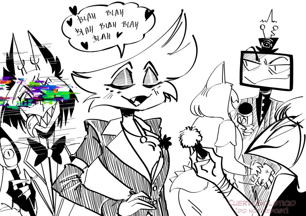 Sketchy re-draw of an official photo with Amir Talai, Blake Roman, and Christian Borle being interviewed.

The drawing shows their characters Alastor, Angel and Vox in more or less the same original poses. Alastor looks at the camera tongue out, ut his face is glitched. Angel is happily talking with the interviewer. Vox looks at Alastor with an uncomfortable smile while his interviewer talks to him.