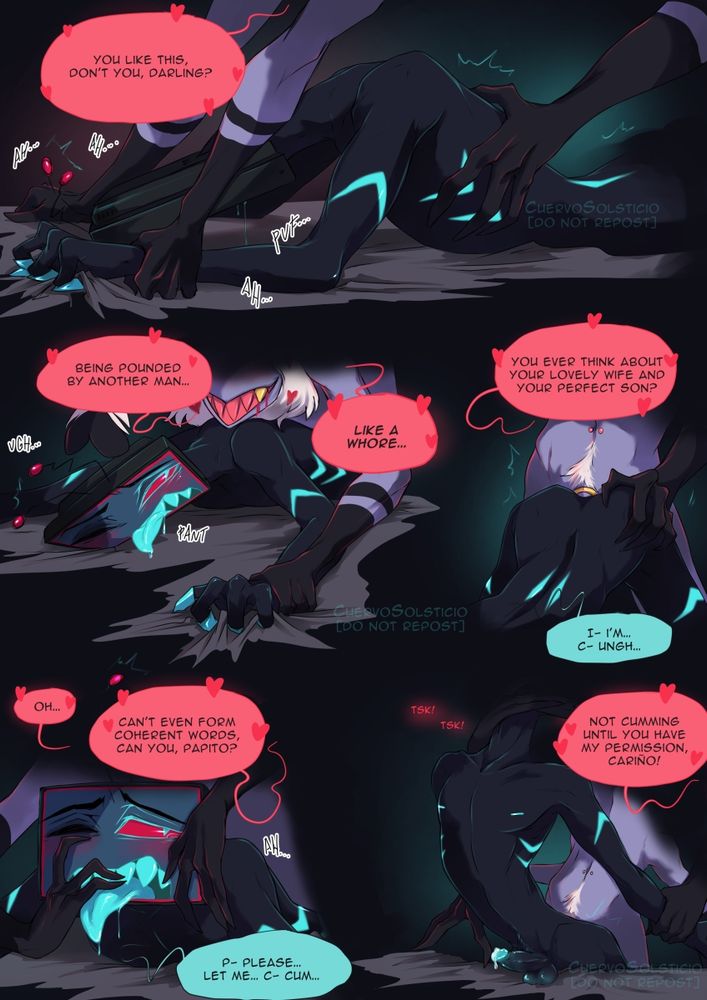 Several panels of Valentino fucking Vox with lots of dirty talk implying roleplayed infidelity and internalized homophobia.