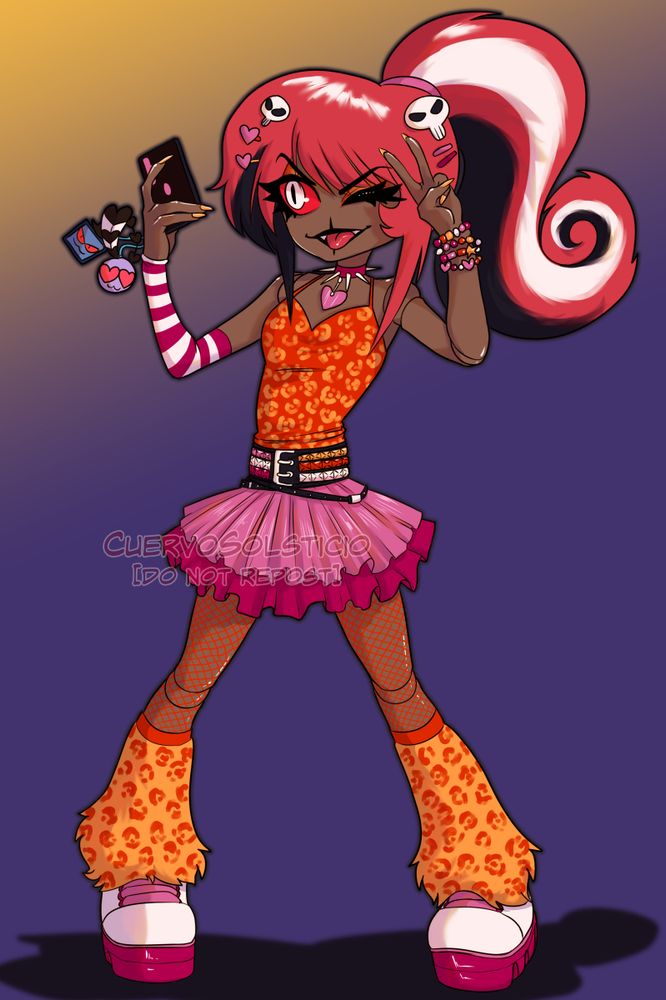 Pin up of Velvette dressed in leopard top tank, 2ky pink skirt, leopard leg warmers, platform sneakers, and she's doing the peace sing while taking a selfie. There are two charms on her phone: one is Valentino's head, and the other is Vox's.

All her outfit is the lesbian flag colors.