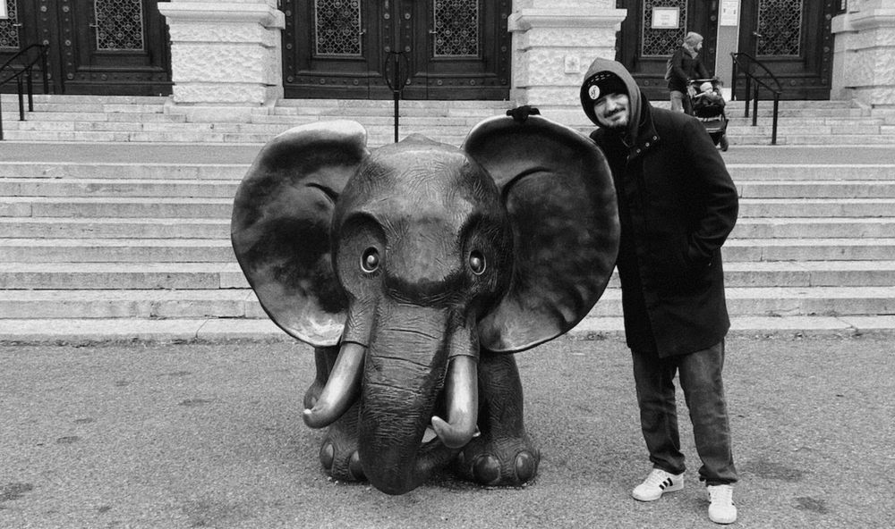 Leaning against a cute elephant statue in front of Vienna's Natural History Museum