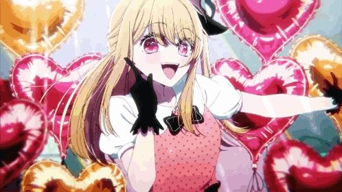 a girl with blonde hair and red eyes is surrounded by balloons in the shape of hearts