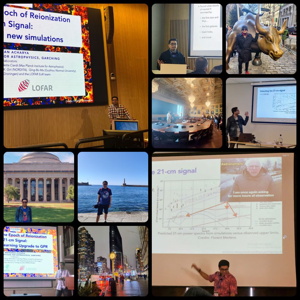 A collage of me giving talks of my PhD work at various places and some nice pictures of those places.