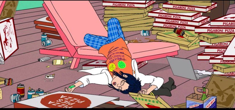 Depressed Diane at Bojack’s house, passed out in a bath robe surrounded by pizza boxes 