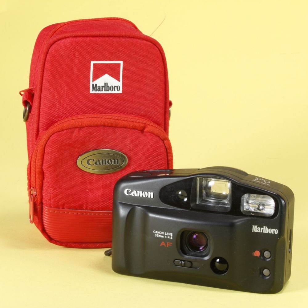 A Canon sure shot owl AF Marlboro branded edition and red carrying case with Marlboro logo 