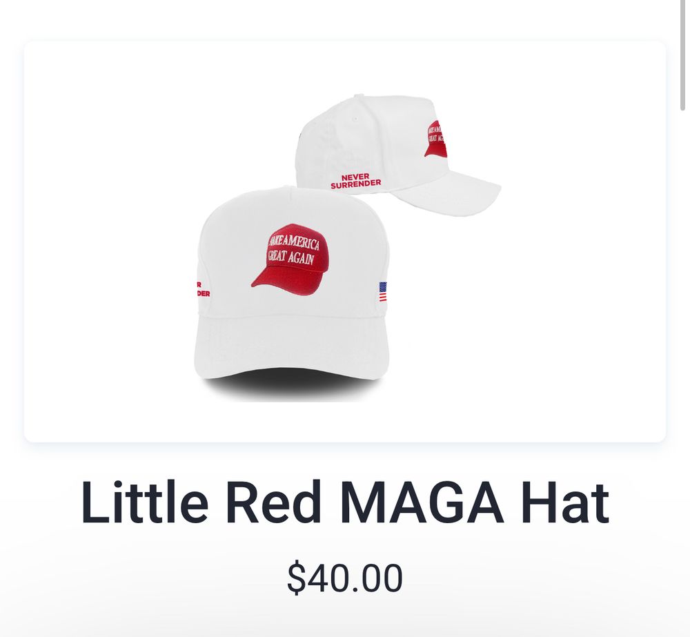 Official maga merch that’s just a white hat with a red MAGA hat printed on it for $40.00