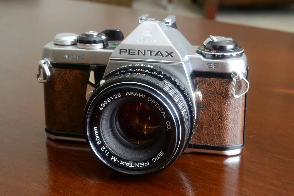 A Pentax ME (not the Super) in brown with an f/2 lens 