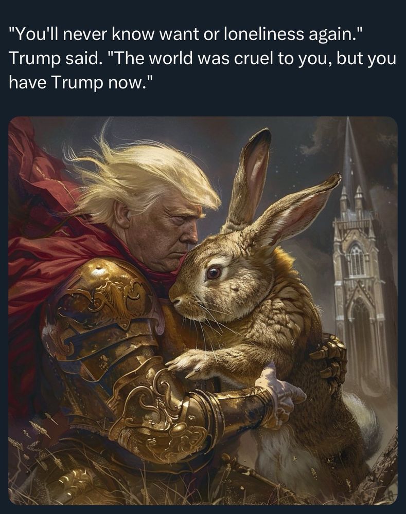 Tweet without handle - "You'll never know want or loneliness again."
Trump said. "The world was cruel to you, but you have Trump now."

(AI image of Trump in gold armor and a red cape holding a rabbit the size of a Great Dane in front of a cathedral)