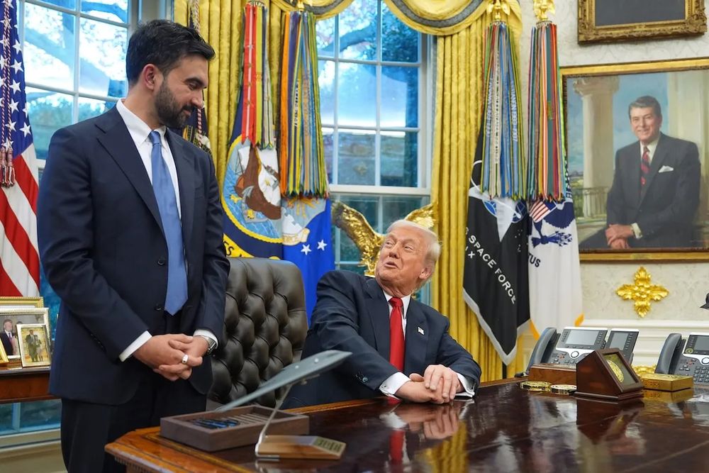 Donald Trump looking the happiest I’ve ever seen him talking to Mamdani, with a Reagan portrait hanging in the wall behind them 