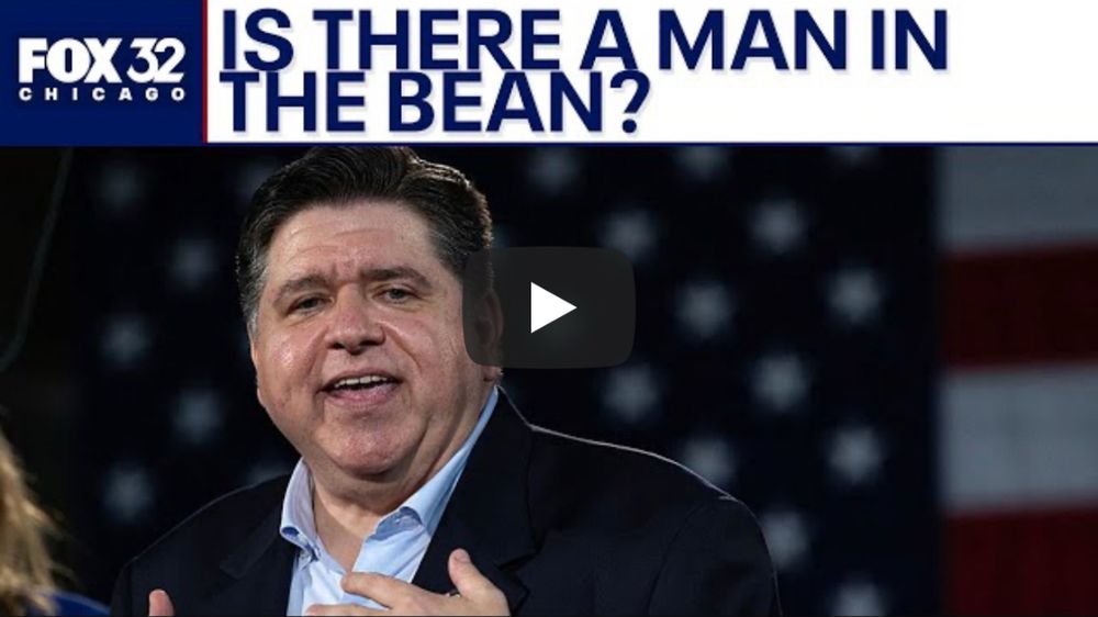 Fox 32 Chicago thumbnail on youtube with stock image of JB pritzker talking. A huge banner reads, “IS THERE A MAN IN THE BEAN?” 