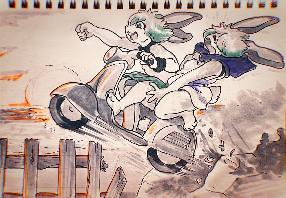 Two bunny siblings on a scooter jumping into the air recklessly.  only one of them seems into it