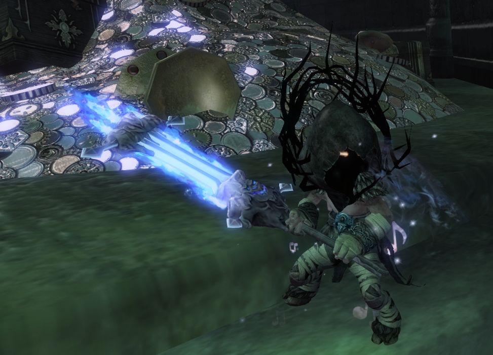 Screenshot from guild wars 2, features an Asuran wearing an imp style Halloween costume holding a large sword and standing in front of a large pile of treasure.