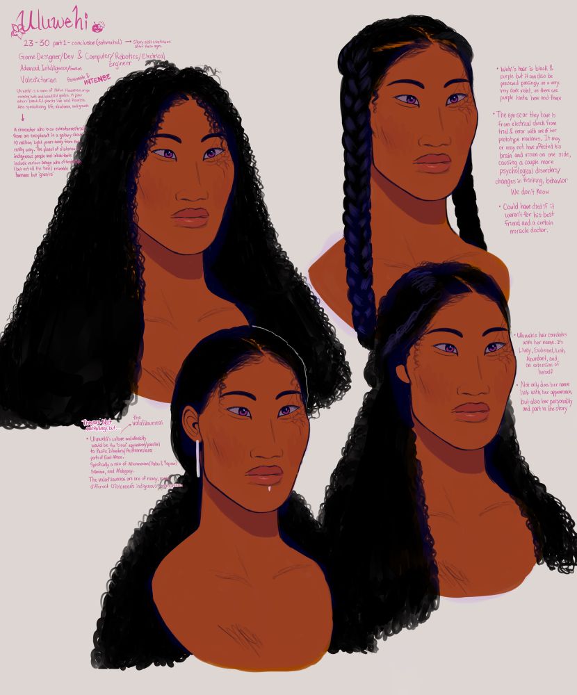 4 bust drawings of my oc uluwehi in a light background. the only difference in them is that they all have different hairstyles. there are little character notes next to each drawing.