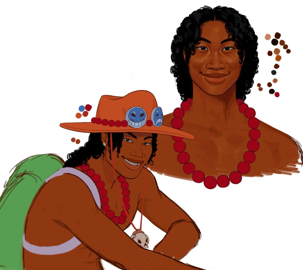 Start ID: art of portgas d ace from one piece in a white background. there are two of him. one of them is somewhat in a pose from the show. the other is just a head to chest doodle of ace smiling at the camera. he is drawn with curly hair, brown skin, a tooth gap, and has ear piercings. he is portrayed as pacific islander, specifically tongan. End ID