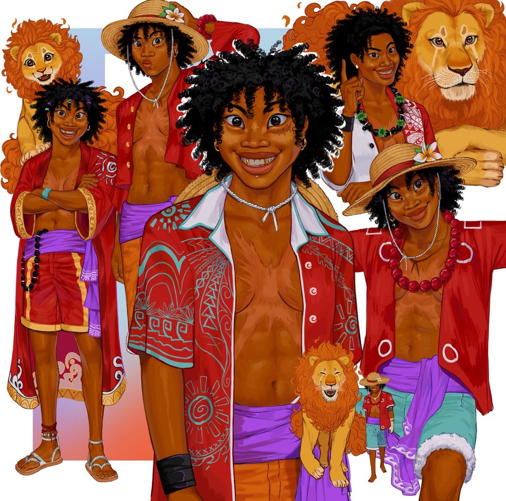 Start ID: art of monkey d luffy. the background is mostly white with a section of gradients on the left side of the picture. there are 6 drawings of luffy in total here and 3 of the thousand sunny as a zoan fruit lion. there’s a big lion sunny in the top right, a miniature-big lion sunny on the front, and a tiny lion on the far right left of the art. each of luffy’s outfits in the art is mostly red, white, yellow, purple, orange, and blue. they all include him wearing shorts just like the manga/anime. there are intricate details drawn on his clothing, those that were intentionally samoan elei patterns because he is headcanonned as pacific islander. on his hat, he’s wearing a frangipani flower and on some of these luffy drawings, he wears portgas d ace’s beads as a necklace or as a bracelet. luffy as two gold teeth when his smiles shown his teeth in this art. End ID.