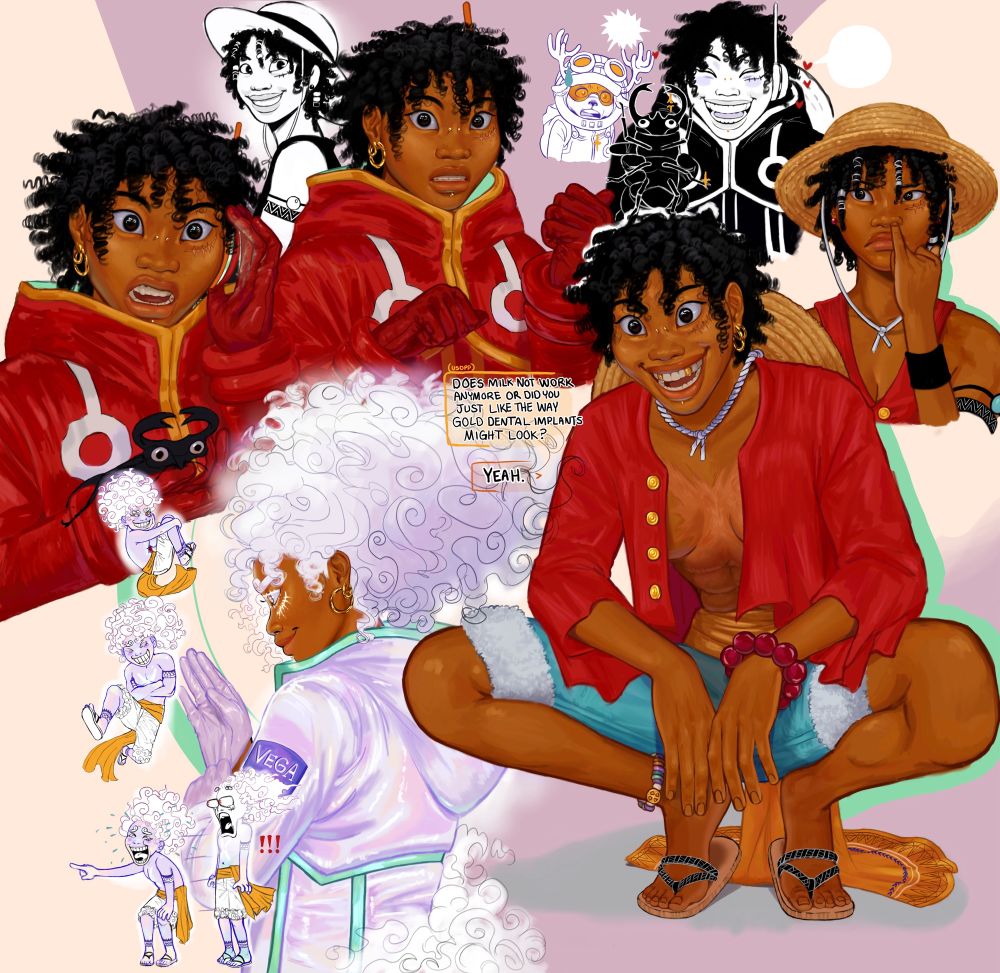 Start ID: art of monkey d luffy in a light yellow/beige and purple background. there are 7 drawings of luffy in total. 5 of them being fully rendered art and the last 2 being black and white doodles. there’s also one chopper and 4 mini gear 5 form luffies. there’s a text in the middle of luffy talking. one luffy is crouching down. one, you can only see his profile, and he’s in gear 5. 3 of them are in his egghead island outfit. and, one, to the far right is pre-timeskip luffy picking his nose. he has two gold teeth here. End ID.