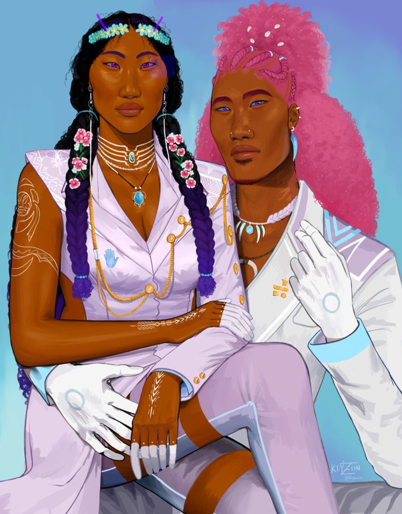 painting of my original characters uluwehi and sione in a sitting pose in front of a blue and turquoise background. both uluwehi and sitting on sione’s leg. with one arm crossed over the other. sione has one hand supporting uluwehi on her leg. Uluwehi has pink, white, blue and yellow flowers in their hair. sione has sea shells in his hair. both of these characters have six fingers, showing their alien anatomy. 