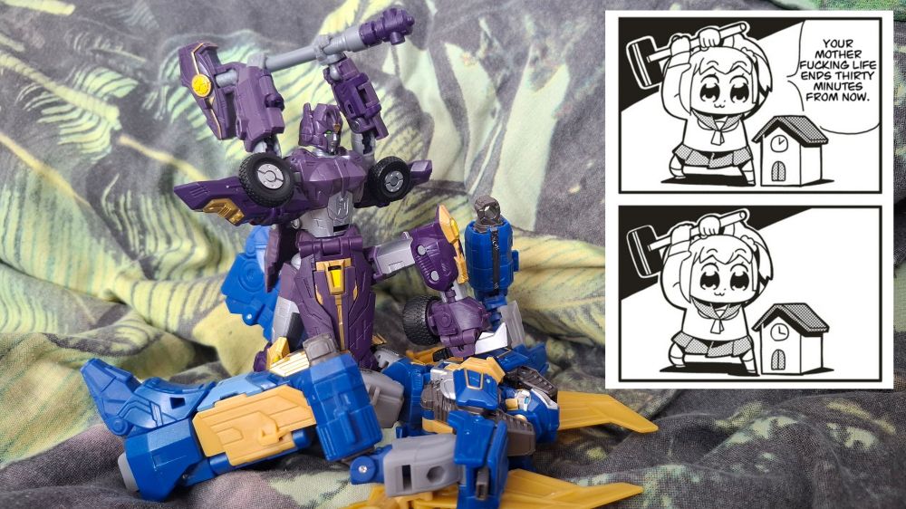 Solus Prime standing with her hammer raised over her head over Sentinel Prime, pinning him to the ground with her foot, with the "Your motherfucking life ends thirty minutes from now" meme beside it, depicting a young girl standing over a cuckoo clock in the aforementioned fashion.