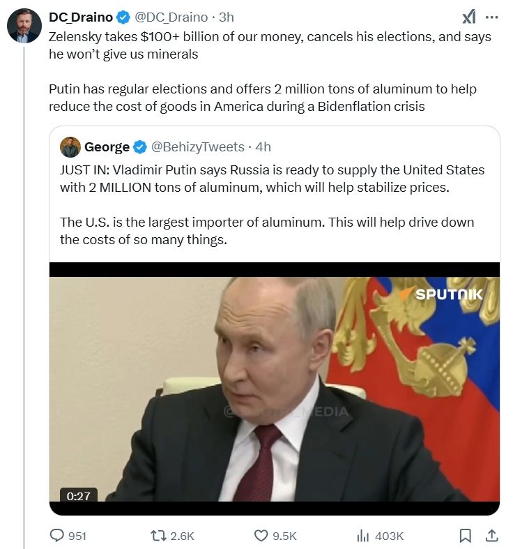 Tweet. Russia to send 200 million tons of aluminium to america