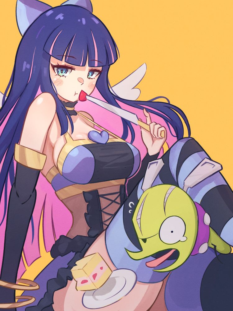 Stocking from Panty & Stockings with Garterbelt sitting down in a dress and eating strawberry on a knife, while pitting Chuck between her legs