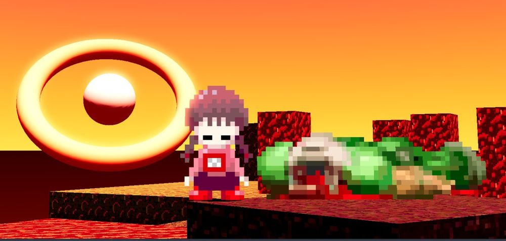 Madotsuki from Yume Nikki standing next to Doom Slayer in 3D environment