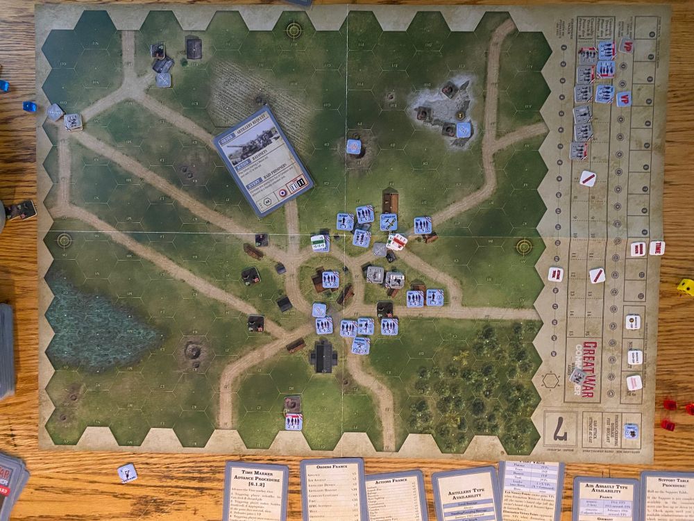 Great War Commander scenario two. Picture of the map at end of game. France beats Germany with 3 victory points.