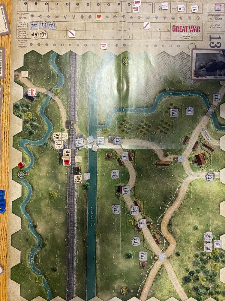 End of game. Germans advance one unit across bridge and take a British trench. British win with 8 points. 