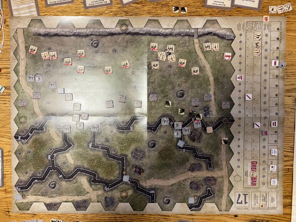 Pic of the map at the end of the Great War Commander game. British units are in the open and several are broken. German units are in the trenches. 