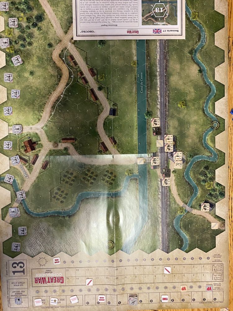Start of “Obourg” scenario. British setup around bridge over canal. Germans setup on opposite map edge.