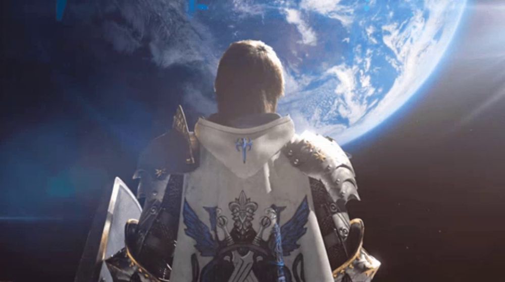 a man with a sword and shield stands in front of a planet