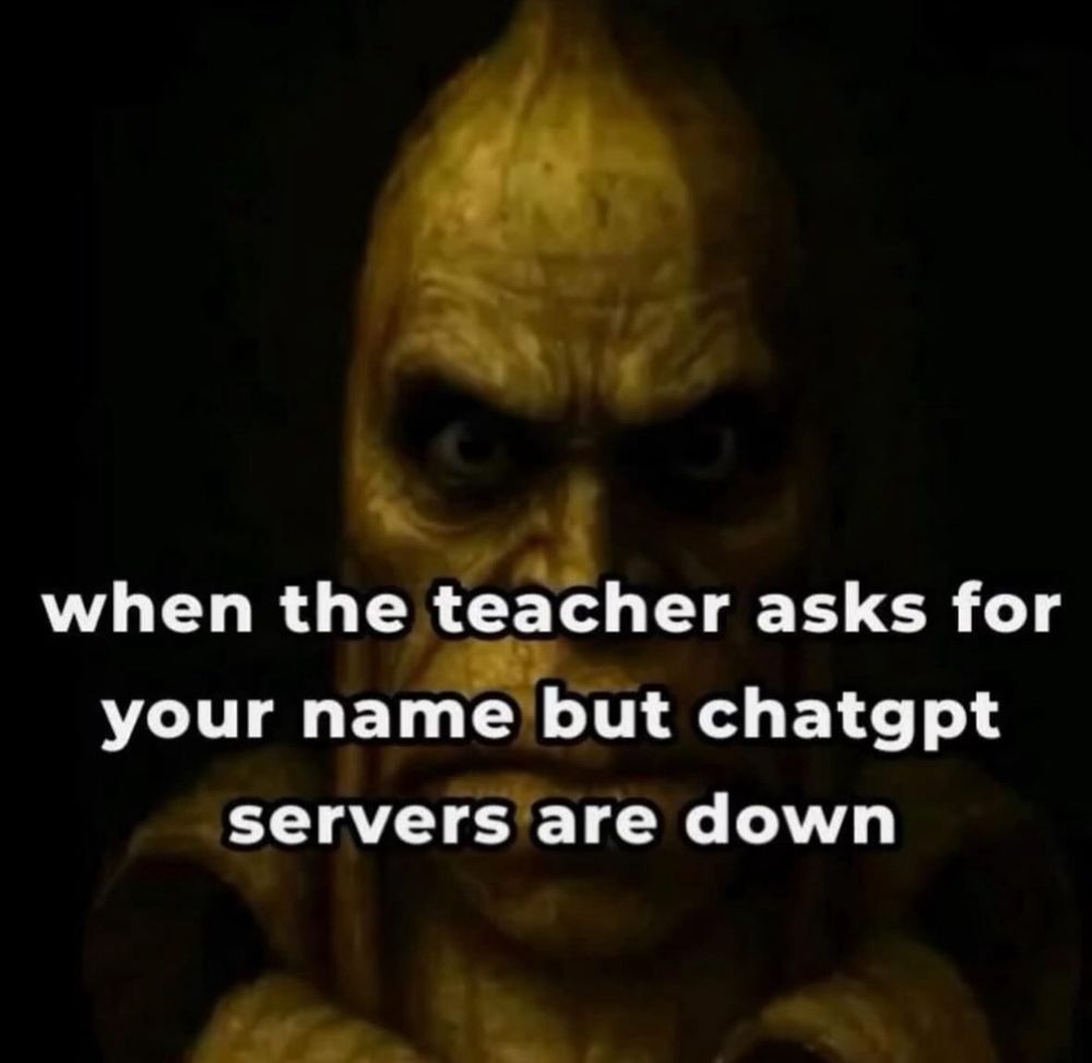 A picture of an old banana with a face looking at the camera angerly, the text reads "when the teacher asks for your name but chatgpt servers are down"