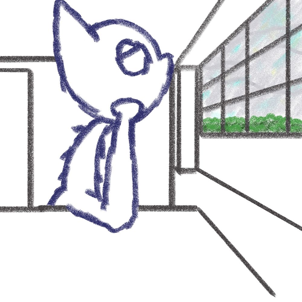 A sketchy drawing of my bat sona at a desk, looking to the side at a window.
The desk and myself are all only defined by outlines with no other color. The window to the right shows the outside with a green hedge along the bottom of the window, grey cloudy skies, and peeks of blue sky behind the clouds, with a few traces of yellow sunlight.