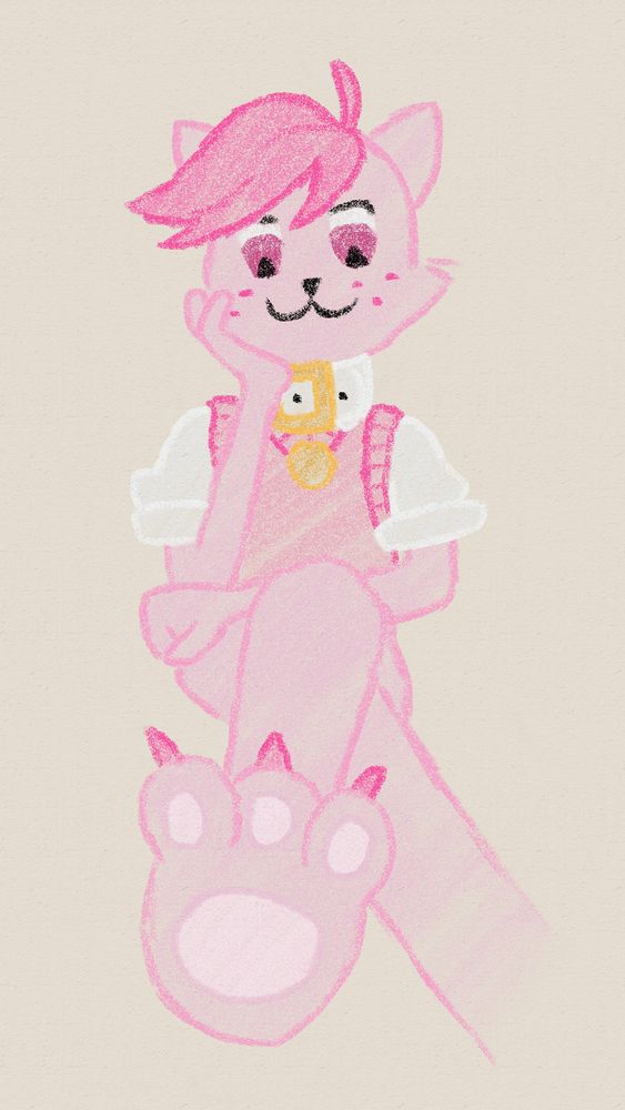 A drawing of Felicity, a pink cat, looking down at you from a sitting pose, holding his chin in one hand, and stretching out a foot paw towards you as he smiles.