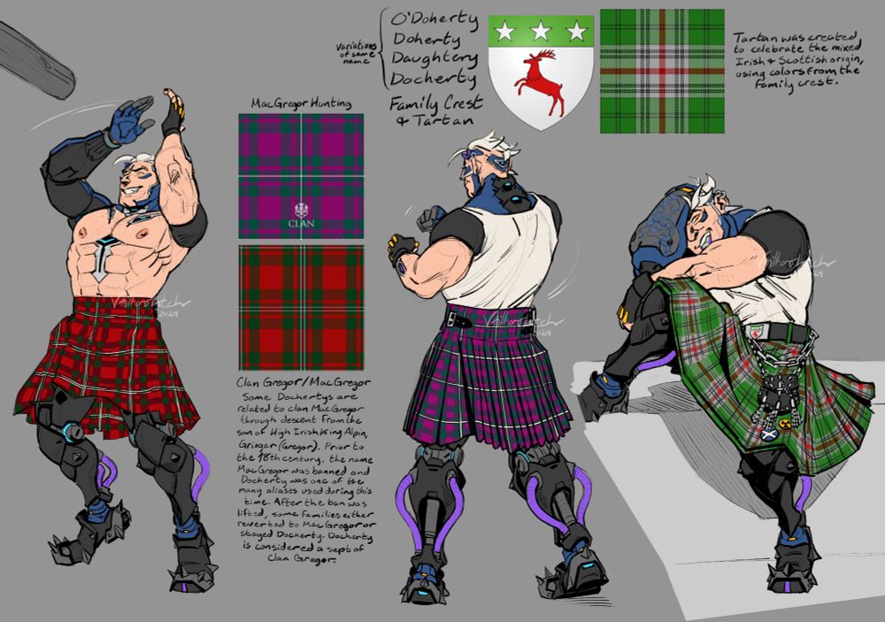 Hazard/Findlay Docherty in various kilts that link to his family name and possible ancestry.
Left and middle tartans belong to Clan Gregor/MacGregor. Some Dochertys are related to Clan MacGregor through descent from the son of High Irish King Alpin, Griogar(Gregor). Prior to the 18th century, the name MacGregor was banned and Docherty was one of the many aliases used during this time. After the ban was lifted, sime families either reverted to MacGregor or stayed Docherty. Docherty is considered a sept of Clan Gregor.
On the right are the official family crest and tartan of the name Docherty (and all its other spellings/pronounciations). The tartan was created to celebrated the mixed Irish and Scottish origin, using colors from the family crest.