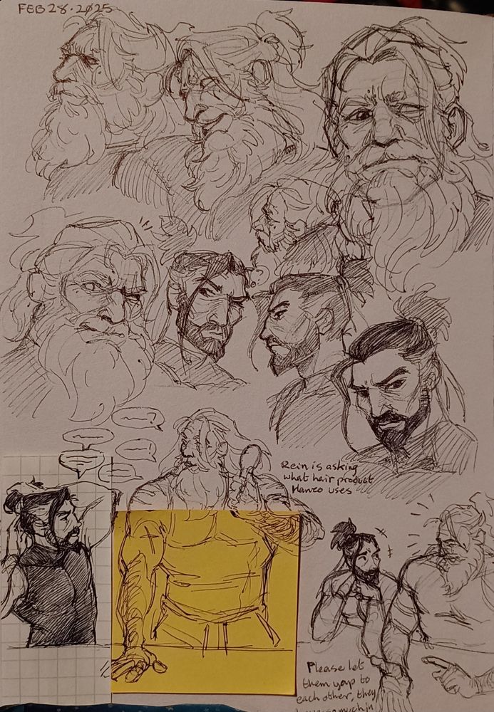 sketches of Reinhardt and Hanzo from Overwatch