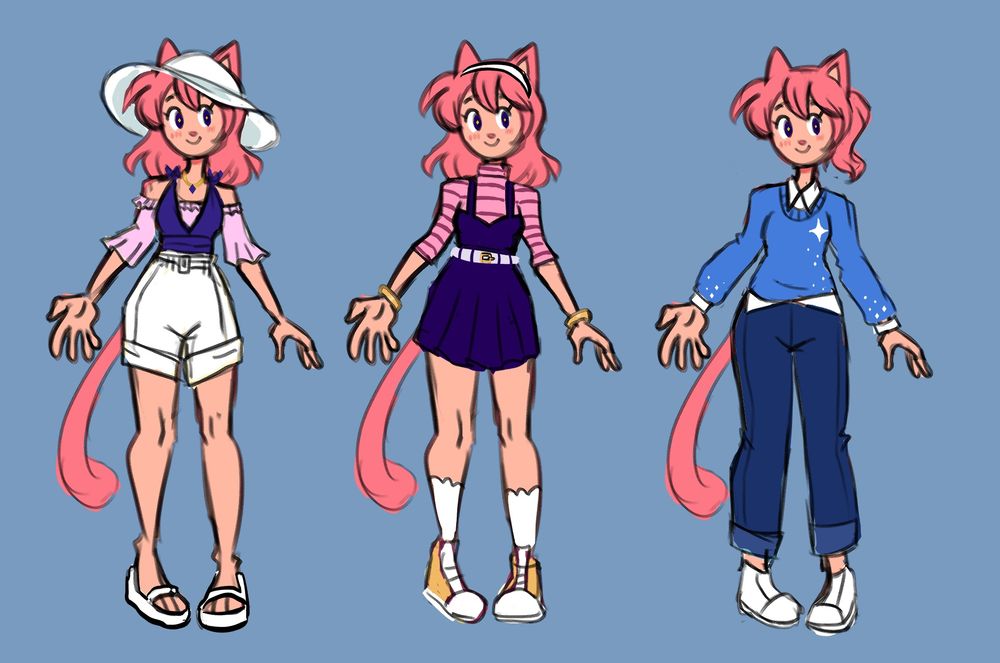 Outfits of my oc Celeste — the first outfit has a white sunhat and off the shoulder pink blouse with a dark purple halter style top and high waisted white shorts, and white sandals. The second outfit is a pink with darker pink stripes turtleneck shirt and a dark purple dress on top with a white belt, white socks, and yellow sneakers, and is wearing a white headband and yellow bracelets. The last outfit has Celeste’s hair in a ponytail, blue sweater with white stars on top of a white collared shirt, capri dark pants, and white slip on shoes.