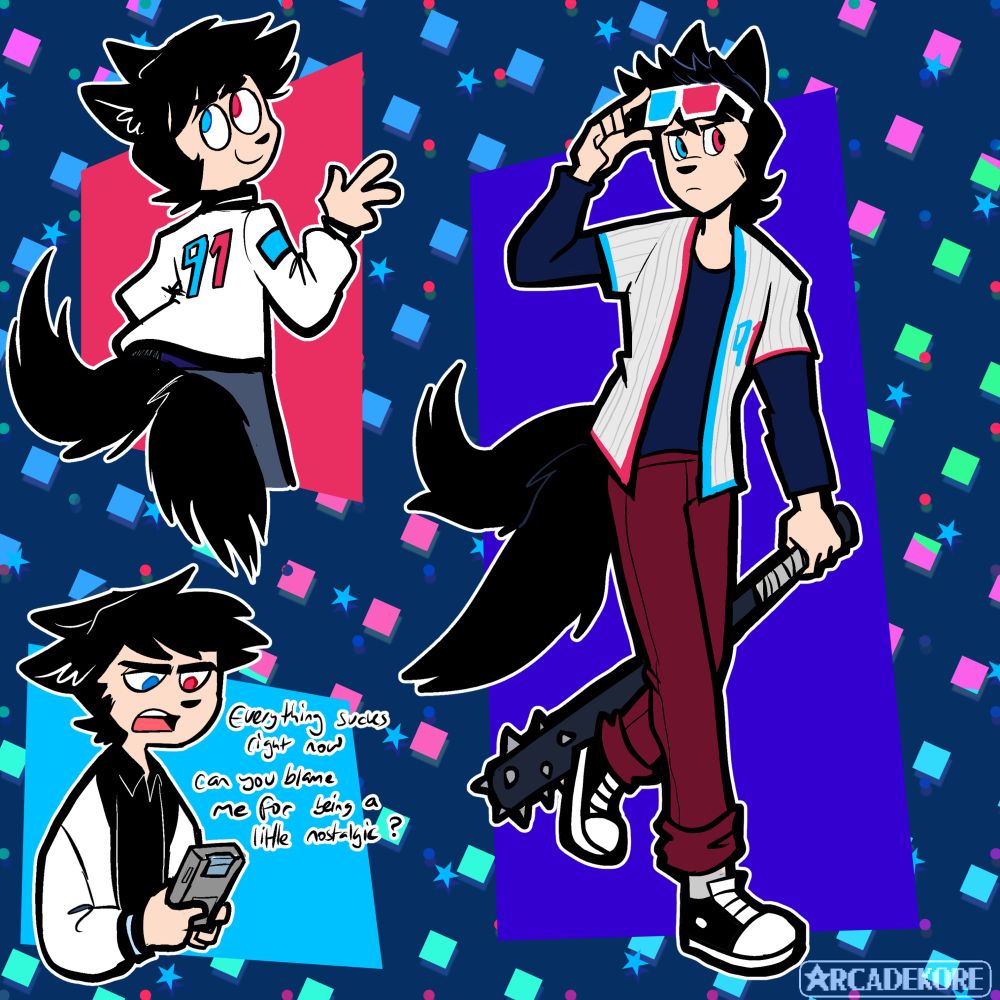Drawings of my OC Flash, a canid furry with black hair, ears, and multicolored blue and red eyes— on the right there’s a fullbody of him holding his bat adjusting his 3D glasses, wearing a unbuttoned baseball jersey and a blue long sleeve underneath and red pants and black sneakers. On the left are toony style halfbody doodles on the top is him his back facing us as he is holding a peace sign. The bottom doodle is him playing a handheld console, with text reading “Everything sucks right now. Can you blame me for being a little nostalgic?”