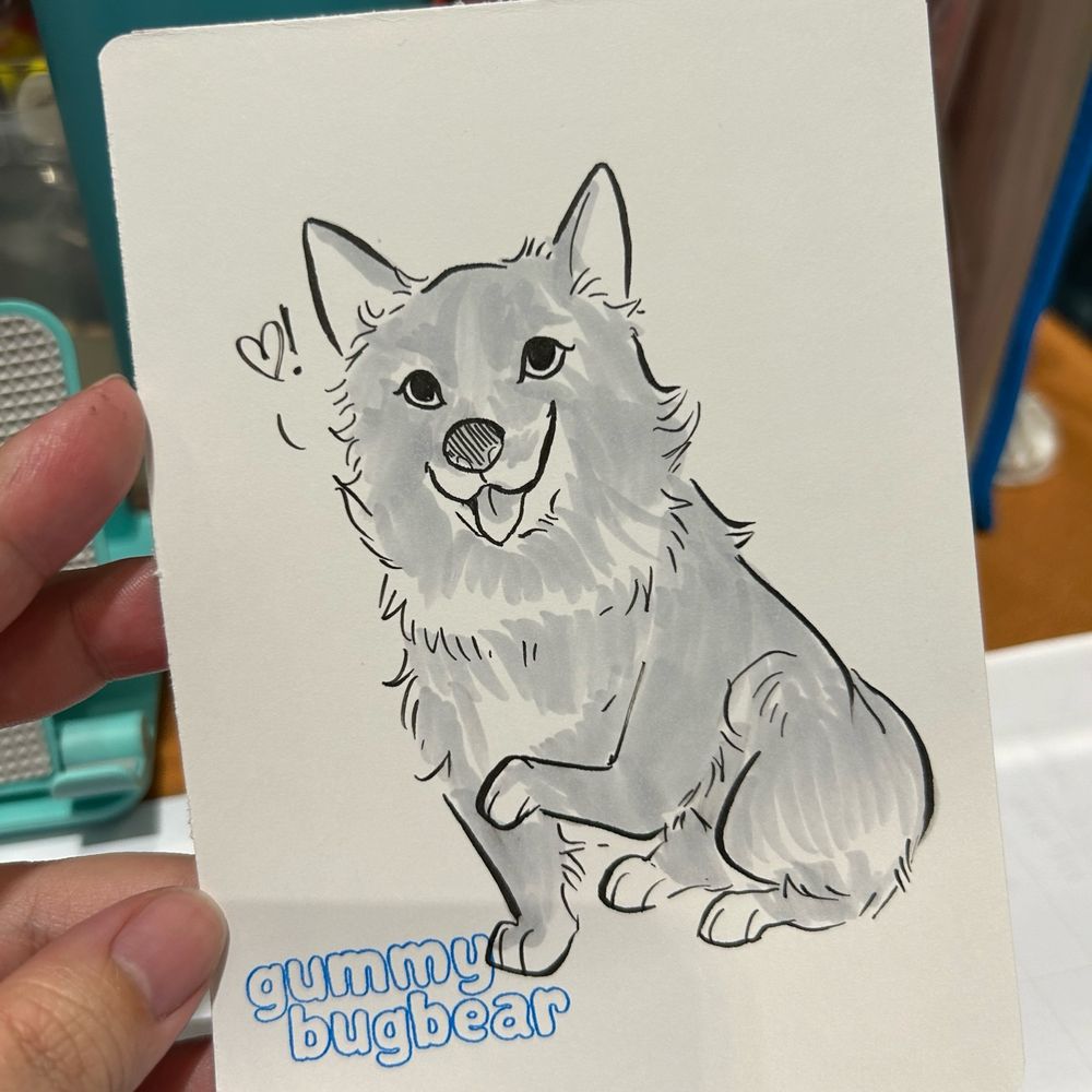 My hand holding an A6-sized card showing a grayscale pen and ink drawing of a pomeranian. A blue logo stamp reading "gummybugbear" is in the bottom left corner.