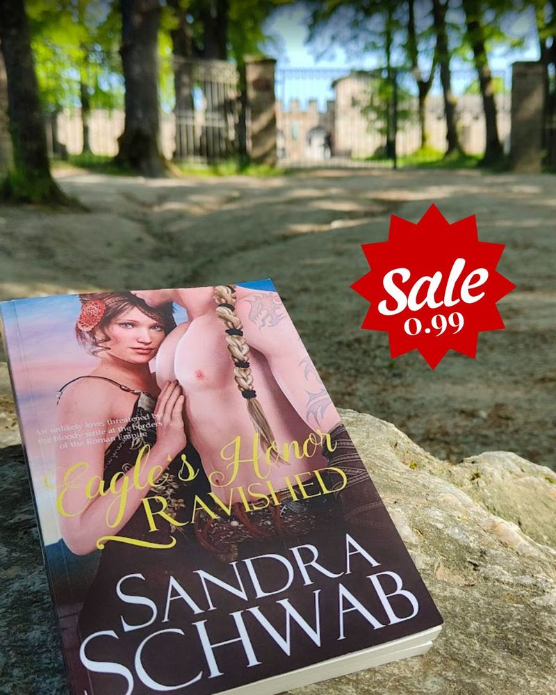 A photo of the print edition of Eagle's Honor Ravished, lying on a big stone on a path that leads up to a reconstructed Roman auxiliary fort. The cover of the book shows a young woman in somewhat historical clothing leaning against the very broad and very neikkid chest of a blond man whose face has been cut off the upper edge of the cover, but hey, you can still admire his very broad chest and the lovely dragon tattoo on his very muscular arm. 